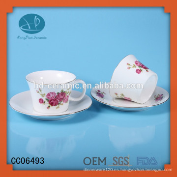 Conjunto de té de impresión, taza mordern y platillo con diseño de flor, taza de té de café y platillo con borde de oro